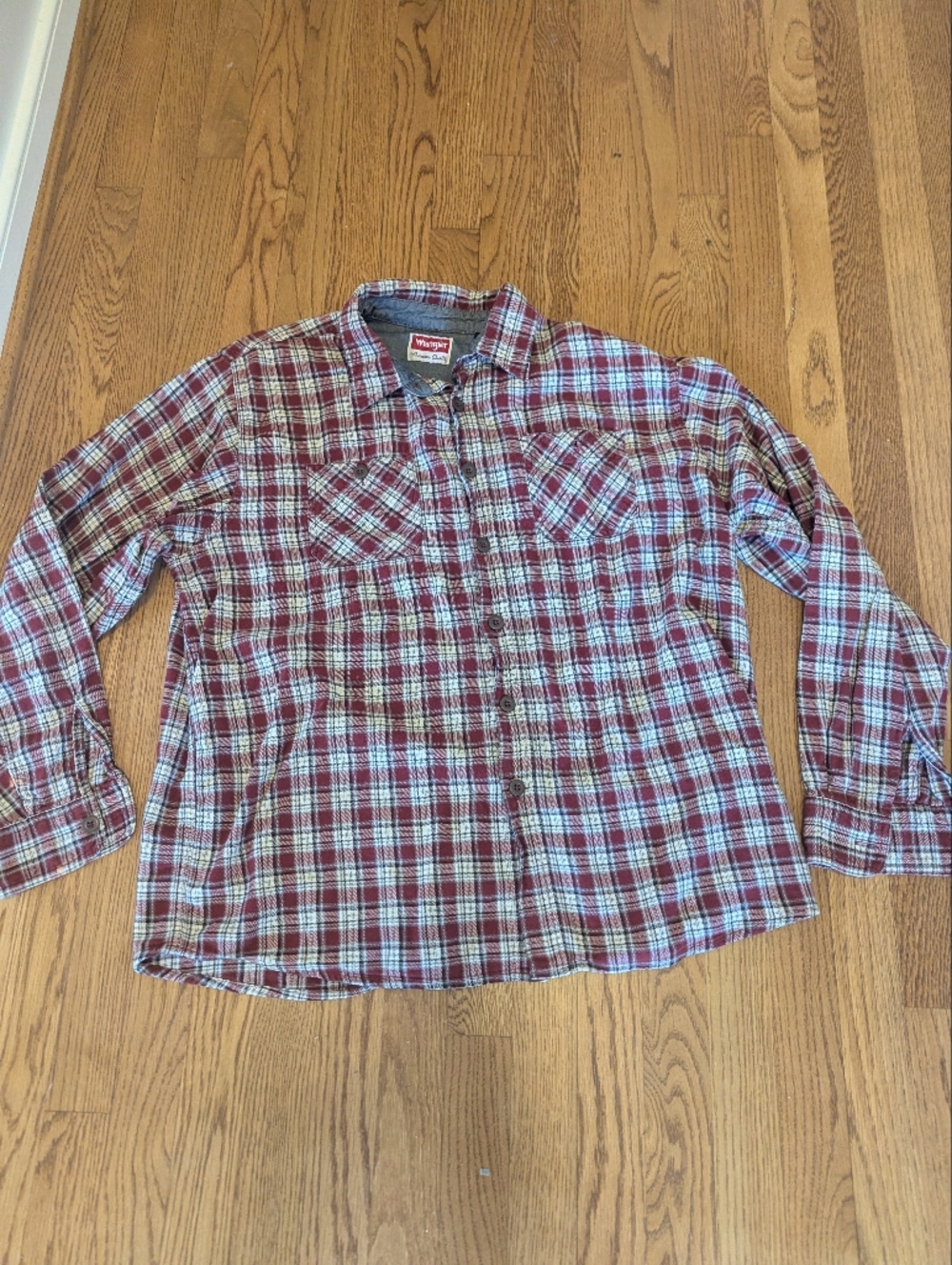 Wrangler Mens Button Down XL Cotton Shirt Red Plaid Double Breasted Long Sleeve